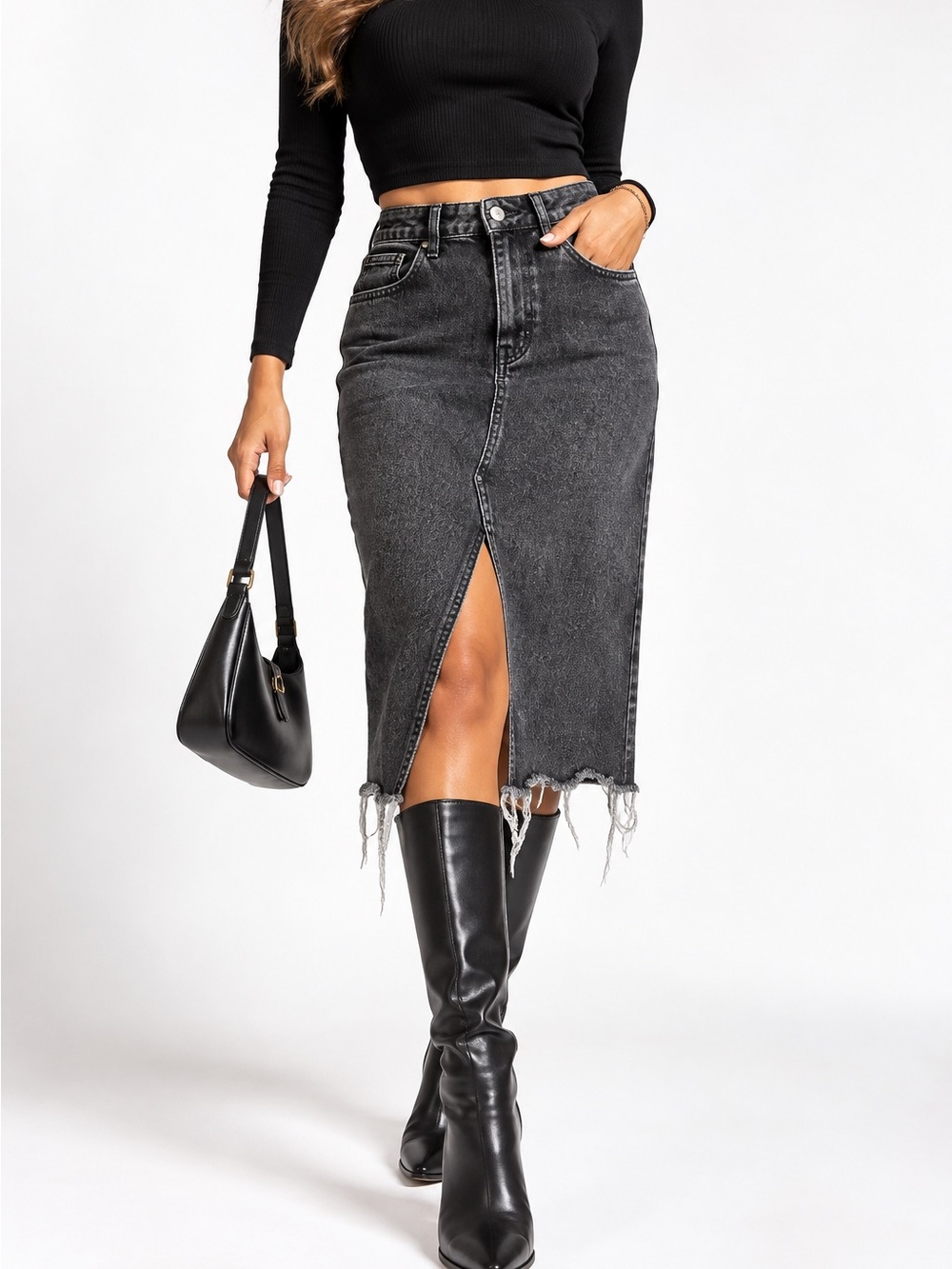 Madewell Black Washed Denim Midi Skirt with Front Slit